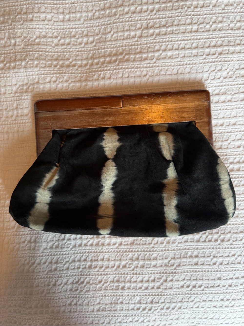 Club Monaco Black and Cream Patterned Clutch with Wood Frame